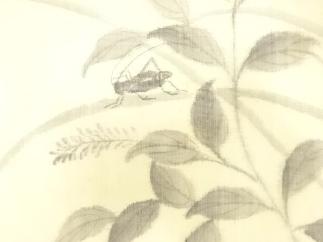  アンティーク　本麻　手描き　花にコオロギ模様名古屋帯